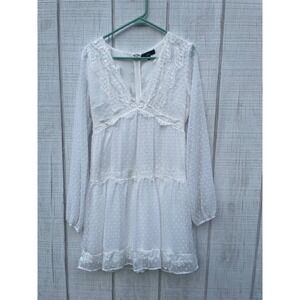 Lulus White Swiss Dot Mini Dress Long‎ Sleeve Lace Trim V Neck Size S